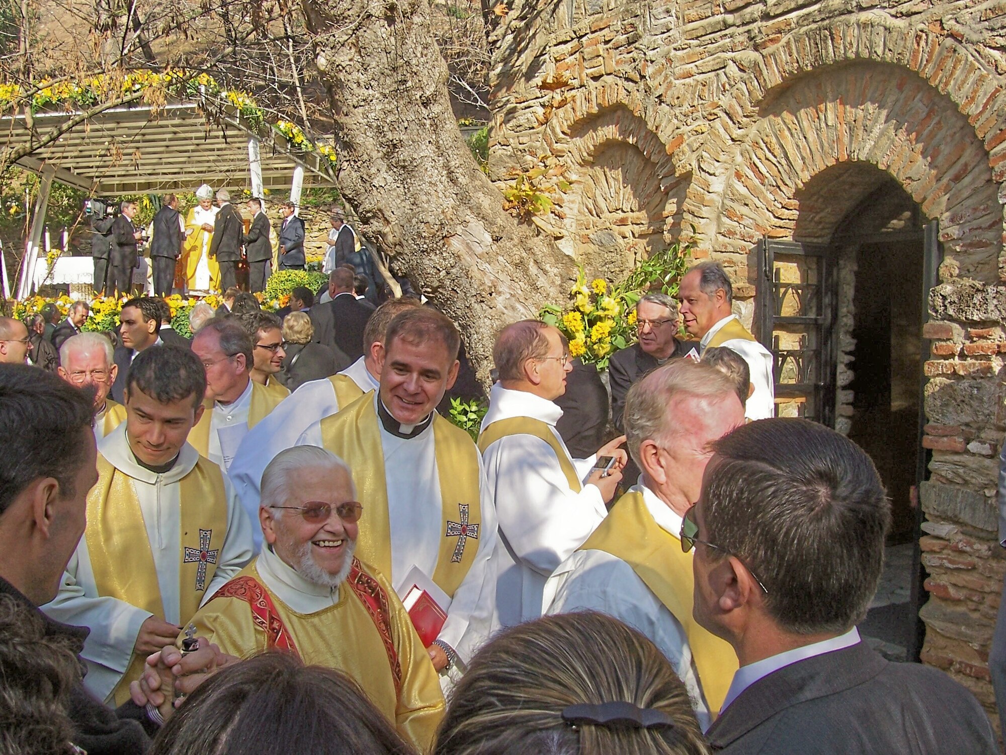 Chaplain (Maj.) Steven Brosk, 39th Air Base Wing Catholic Priest, (holding red book) concelebrated the papal mass in Ephesus, Turkey, Nov. 29, with a group of about 30 priests. (Courtesy photo)