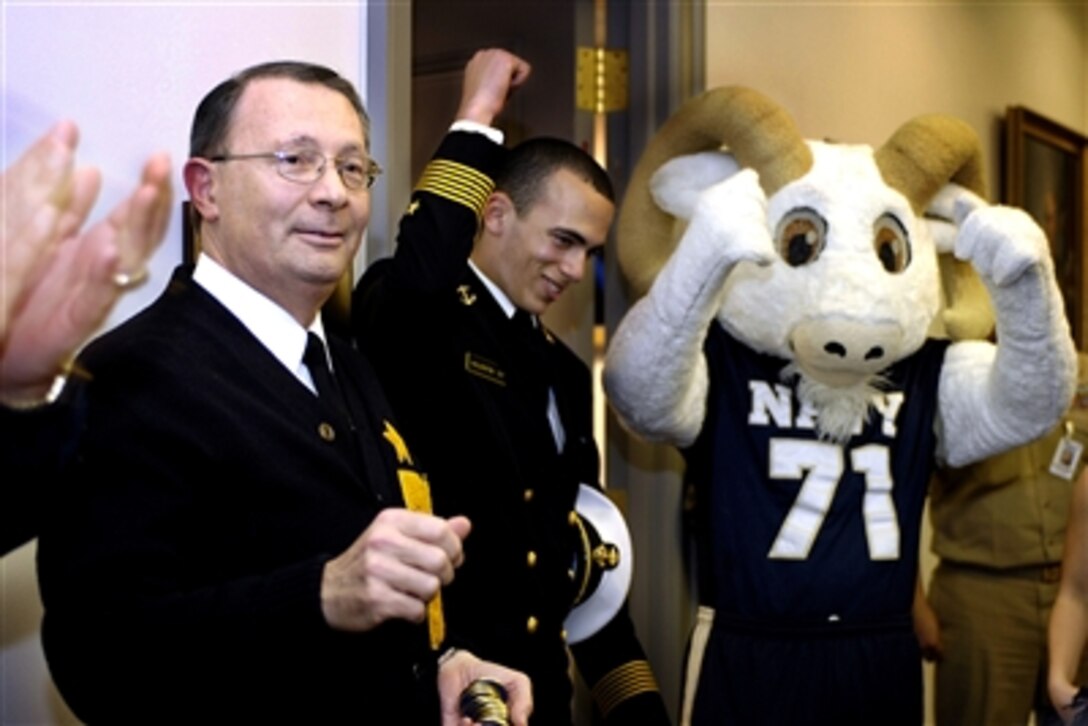 U.S. Navy Adm. Edmund Giambastiani, vice chairman of the Joint Chiefs of Staff, speaks to U.S. Naval Academy midshipmen during a Navy pep rally at the Pentagon, Nov. 30, 2006.  The annual Army vs. Navy football game will be held at Lincoln Financial Field in Philadelphia, Dec. 2, 2006. 

