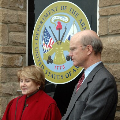 NIAGARA FALLS AIR RESERVE STATION, NY-Under Secretary Of The Army Pete Geren and Local Congresswoman Louise Slaughter talk to local media about the proposed $32 million Army Reserve Center to be built at the Niagara Falls Air Reserve Station.  Photo by: Tech. Sgt. Kevin Nichols 914th AW Public Affairs (Released)