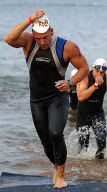 Robert G. Atkins, 507th Air Refueling Wing, was recently selected as the Tinker Air Force Base Athlete of the Year.  Shown above, he is completing the swimming portion from one of several triathlon events he participated in during 2006.