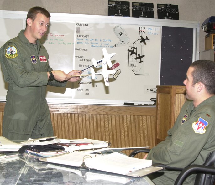 (Photos by Frank McIntyre) Happy to be back on flying status, instructor pilot Captain Andy Rose goes over a T-37 manuever with student 2nd Lt. Patrick McCudden of Class 06-10.
