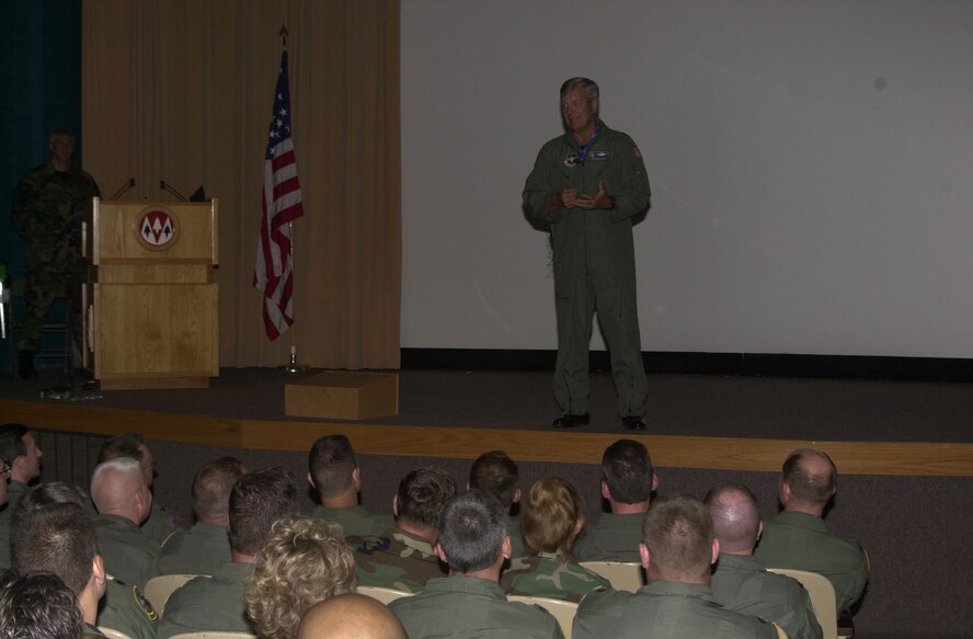 (Photo by Staff Sgt. Amanda Mills) Maj. Gen. Edward “Buster” Ellis, 19th Air Force commander, speaks at the Operational Readiness Inspection out brief Tuesday during his last visit to Team Vance before he retires.