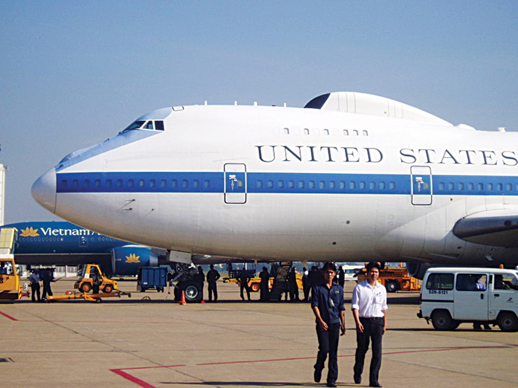 One of Offutt’s E-4B National Airborne Operations Center aircraft sits on the tarmac in Vietnam. The 55th Wing aircraft was called on to lend a helping hand to the presidential transport aircraft, Air Force One, after it encountered some maintenance issues. The E-4B is a modified Boeing 747 whose mission is to provide support to the national leadership of the United States. Photo by Mark Silva/Chicago Tribune