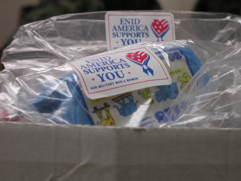 (Photo by Bob Farrell) The Enid, America Supports You program has contributed to Team Vance’s deploying people. Thursday’s deployment exercise provided the first opportunity for the program to distribute 150 packages containing a variety of items which can be used during an individual’s deployment.