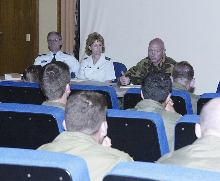 (Photo by Staff Sgt. Amanda Mills) Lt. Col. Jeffery Jones, 71st Medical Support Squadron, Maj. Juliana Astrachan, 71st Mission Support Squadron, and Maj. Robert Rossi, 71st Security Forces Squadron, answer questions during a squadron commander’s panel at the flight commander’s training course Monday in the First Term Airman’s Center.