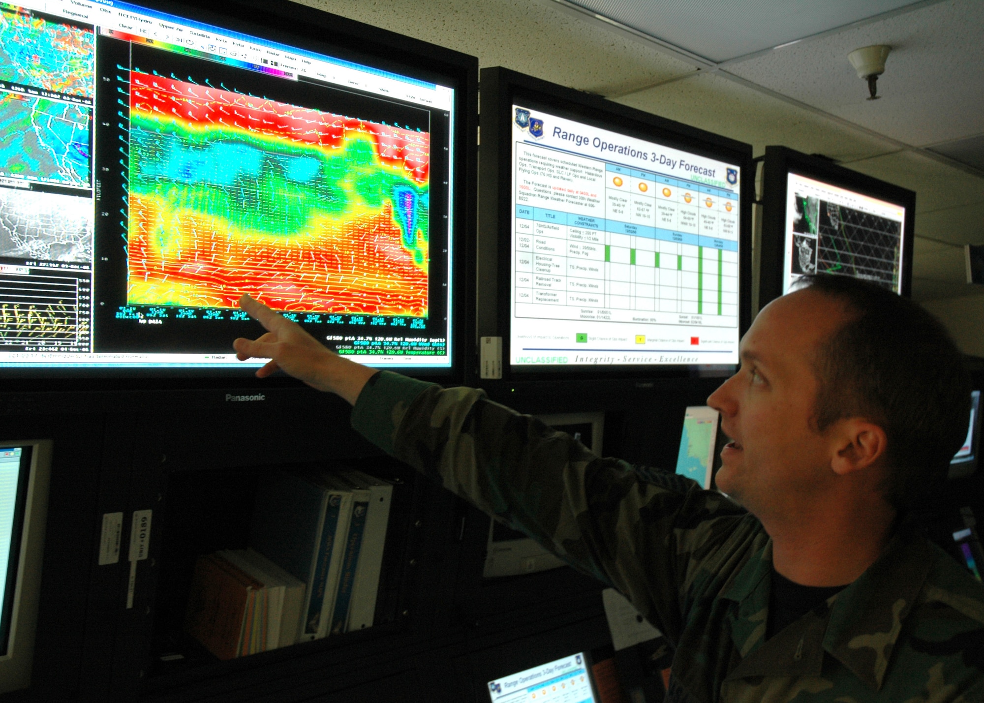 Tech. Sgt. John David Gasa, 30th Weather Squadron, reviews data from one of the many displays in the 30th WS Weather Operations Center.  The WOC is a 24-hour operation, monitoring Vandenberg's weather with its 279 weather sensors.  (U.S. Air Force photo by Staff Sgt. Raymond Hoy)