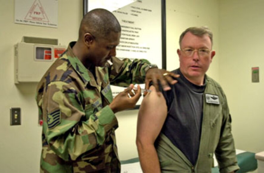 (Photo by Staff Sgt. Amanda Mills) Tech. Sgt. Francis Thurman, 71st Medical Operations Squadron primary care, administers an influenza vaccination to Col. Bryan Benson, 71st Flying Training Wing commander, Tuesday. The vaccine is now available to all Team Vance military, retirees and family members. Mass immunizations will be given from 10 a.m. to 2 p.m. today in Bldg. 179’s auditorium and from 10 a.m. to 2 p.m. Tuesday in Bldg. 541’s auditorium. Times and place for vaccinations Monday are to be determined. Anyone who does not receive a vaccination at these times may visit the immunizations clinic between 7 a.m. and 4 p.m. Mondays through Fridays, except for when the clinic is closed after 2 p.m. on the second and fourth Thursdays each month.
