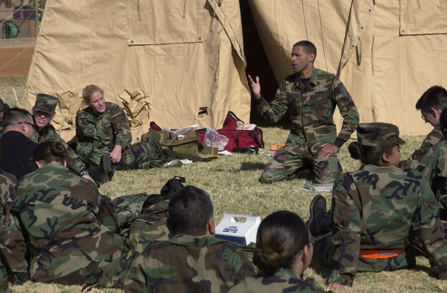 (Photo by Staff Sgt. Amanda Mills) Master Sgt. Timothy Phillips, 71st Medical Operations Squadron and self-aid and buddy care wing advisor, instructs the medical group in SABC.
