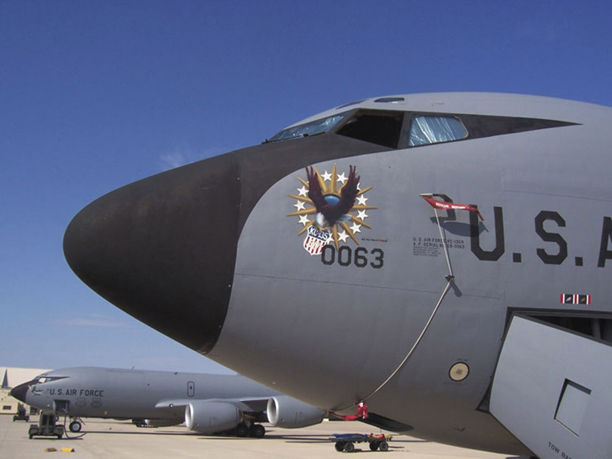 In recognition of the KC-135 Stratotanker?s 50th year of service in the Air Force, the 507th Air Refueling Wing at Tinker Air Force Base, Okla., painted special nose art on one of its aircraft. Master Sgt. Darby Perrin, one of the wing?s boom operators and a nationally known aviation artist in civilian life, painted the nose art illustration on aircraft No. 58-0063. In addition to celebrating the KC-135?s 50th anniversary, the nose art pays tribute to the Airmen, civil service employees and civilian contractors who have helped fly and maintain the aircraft during the past half century.
