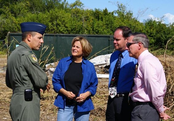 482nd Fighter Wing Commander Col. Randy Falcon (left) met with Rep. Ileana Ros-Lehtinen, Homestead Vice Mayor Steve Losner (right) and Jim Pierce, Chairman of the Homestead/Florida City Chamber of Commerce Nov. 28 at the site of the land clearing. The clearing is expected to improve security for the entrance of Homestead Air Reserve Base, Fla. (U.S. Air Force photo/Dan Galindo) 