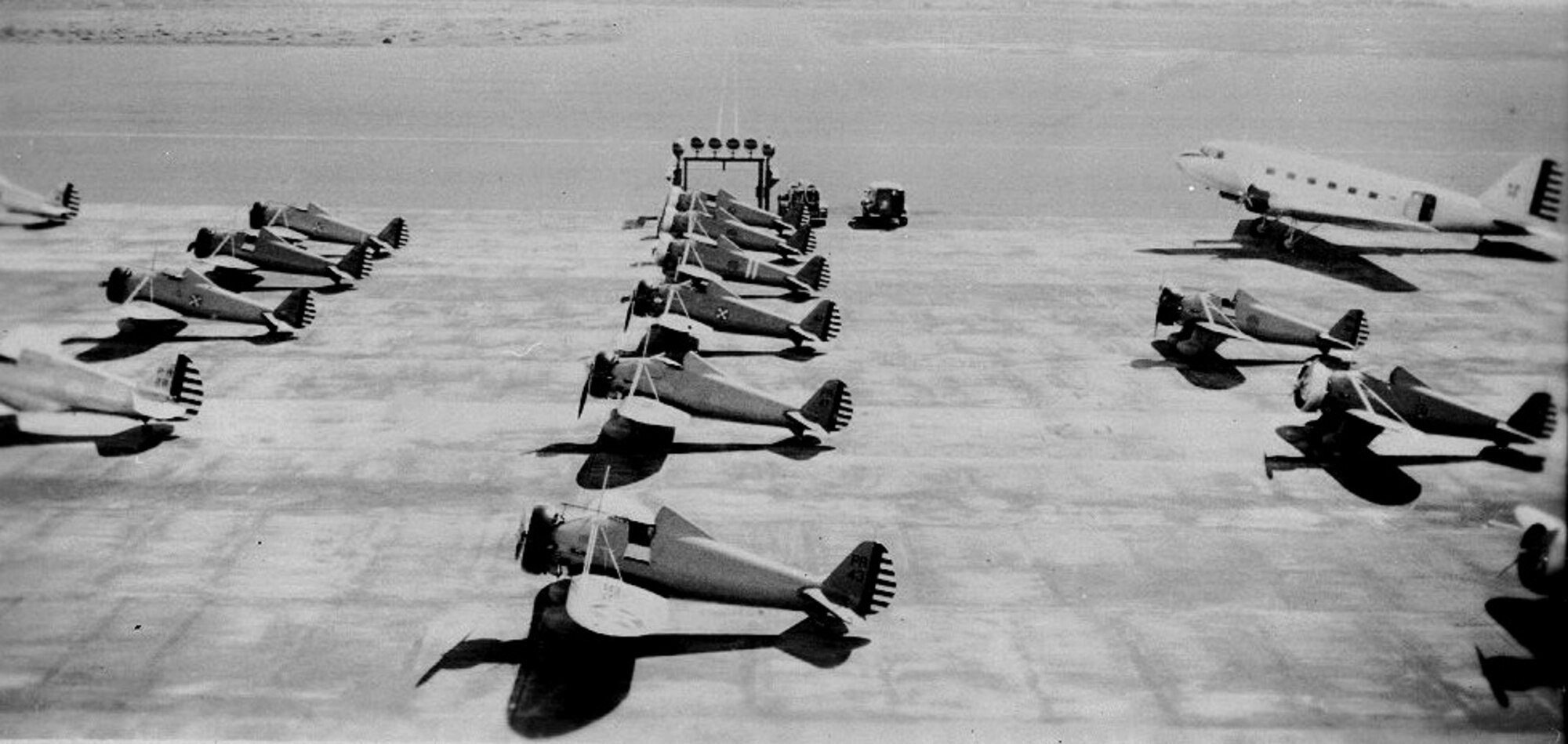 These Boeing P-26s, known as "Peashooters,"  were parked on the ramp at Hickam Field, Hawaii, in January, 1940.