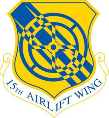 The 15 Airlift Wing shield was originally approved for the 15th Fighter Group on Oct. 2, 1942.  (U.S. Air Force graphic).