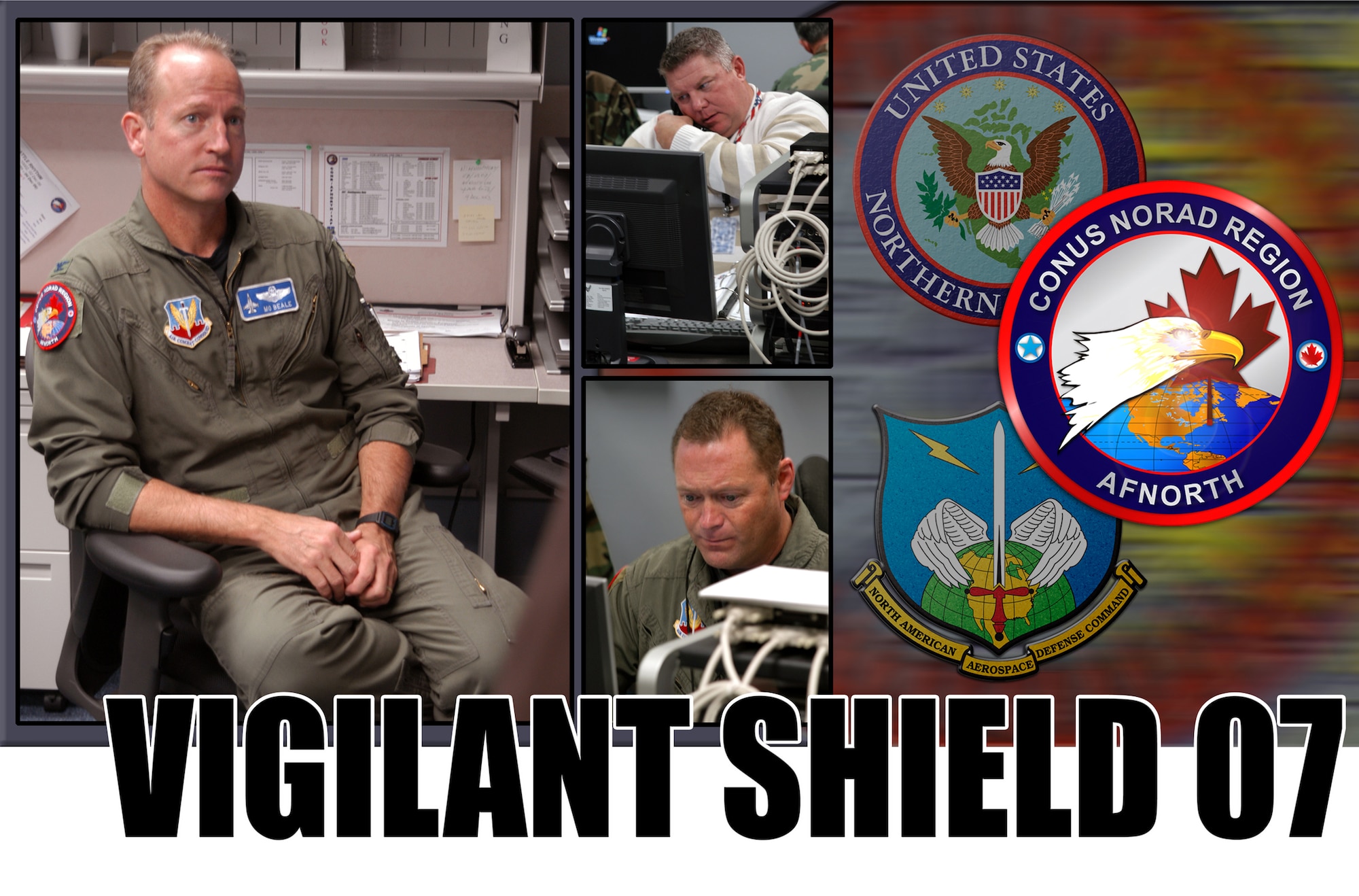 Colonel Mike Beale (left), Contingency Action Team director, discusses exercise scenario responses with a CAT team member as Mr. Wayne Taylor (top right), and Maj. Dave Leard (bottom right), work civil support issues here during exercise Vigilant Shield 07 (Photo illustration by Mike Strickler)