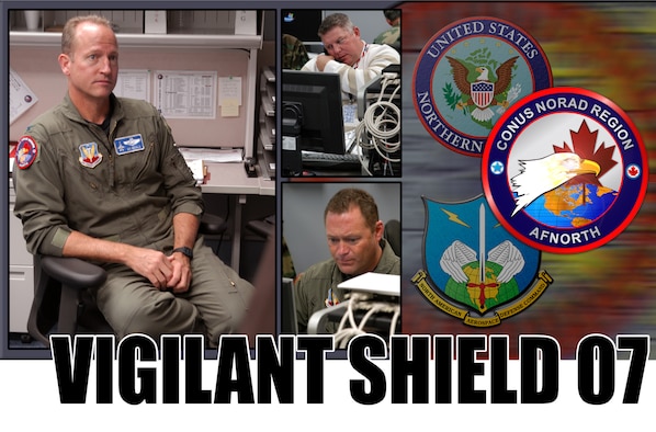 Colonel Mike Beale (left), Contingency Action Team director, discusses exercise scenario responses with a CAT team member as Mr. Wayne Taylor (top right), and Maj. Dave Leard (bottom right), work civil support issues here during exercise Vigilant Shield 07 (Photo illustration by Mike Strickler)
