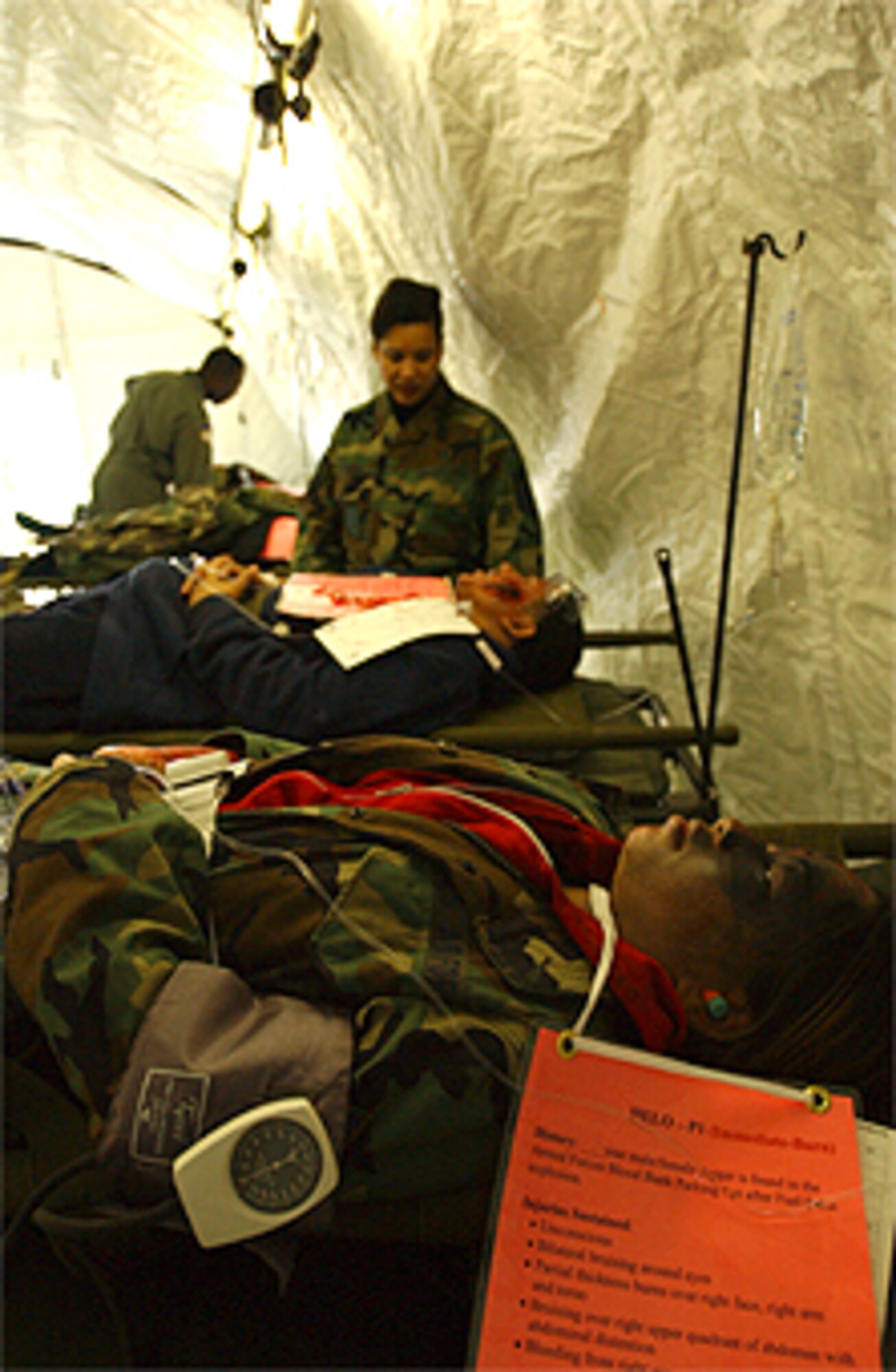 ANDREWS AIR FORCE BASE, Md. -- (Foreground) A simulated burn patient awaits care in a contingent aeromedical staging facility during Exercise Capital Shield here Dec. 7. (Background) Chief Master Sgt. Kale Govan, 79th Medical Wing command chief, chats with patients to ensure their real-world comfort. (U.S. Air Force photo/Staff Sgt. Amaani Lyle)