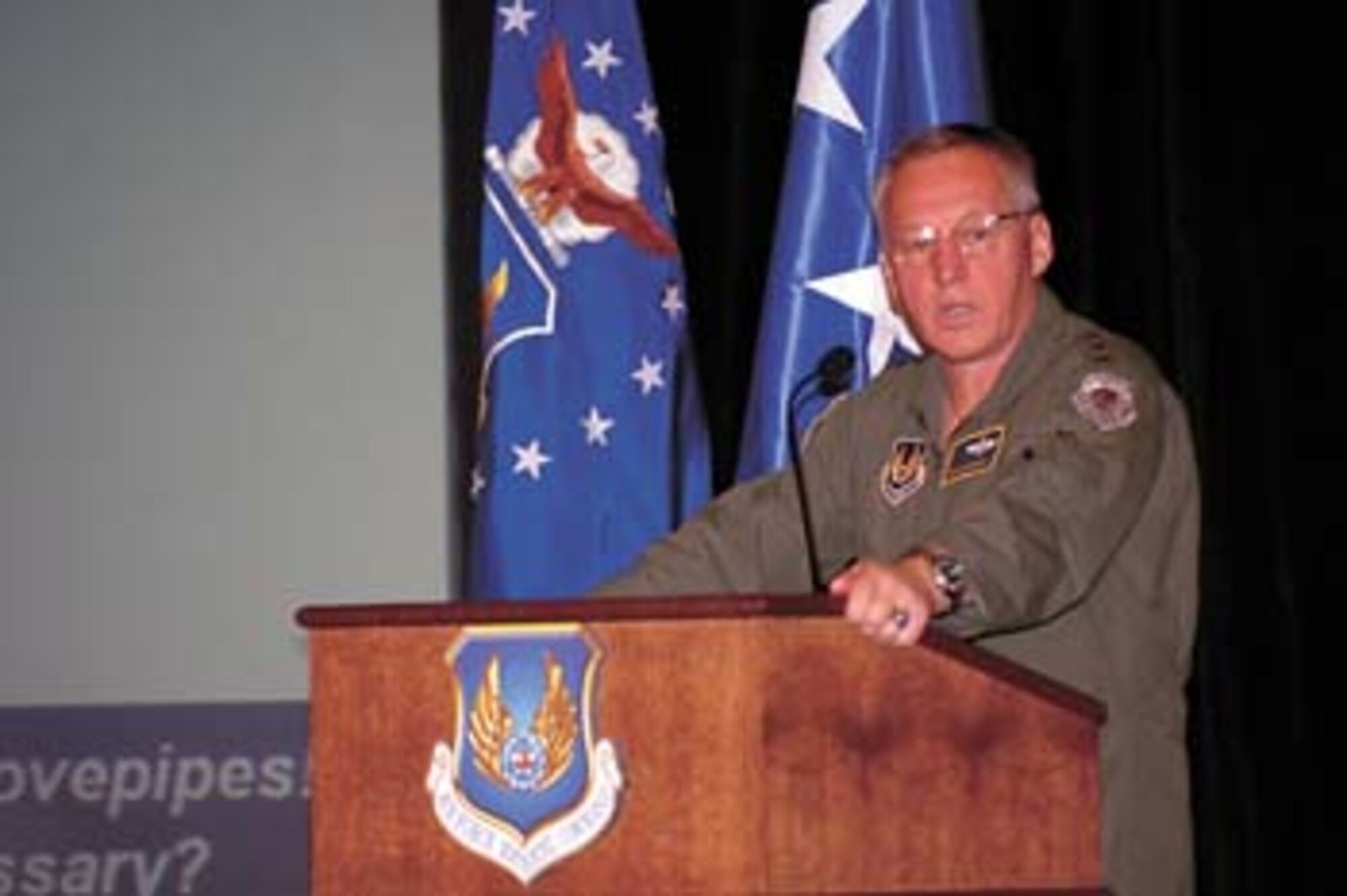 Air Force Materiel Command commander Gen. Bruce Carlson speaks on “Becoming One Materiel Command” during the AFMC Senior Leaders’ Conference. (AF photo by Efrain Gonzalez)