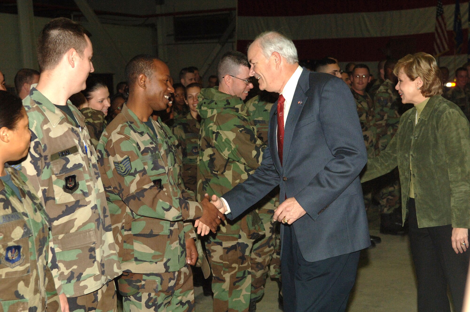 Secretary of the Air Force Michael Wynne meets base Airmen after his speech in Hangar 4 Dec. 6 at Incirlik Air Base, Turkey. The secretary is on a European tour visiting Airmen supporting the war on terrorism as the Air Force continues to become more capable, more efficient and more lethal. (U.S. Air Force photo/Airman 1st Class Nathan Lipscomb) 