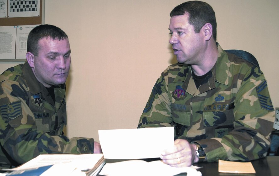 (Photo by Frank McIntyre) TSgt Donald Theademan and SMSgt Kent Wilkinson, 71st Security Forces Squadron command award winners, discuss personnel assignments for gate guard duties.