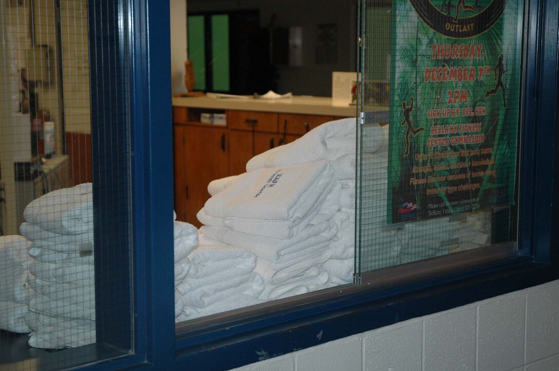 This counter will be empty Jan. 1 when towel service at the Bellamy Fitness Center will be discontinued. (Photo by Airman Nathan Riley)