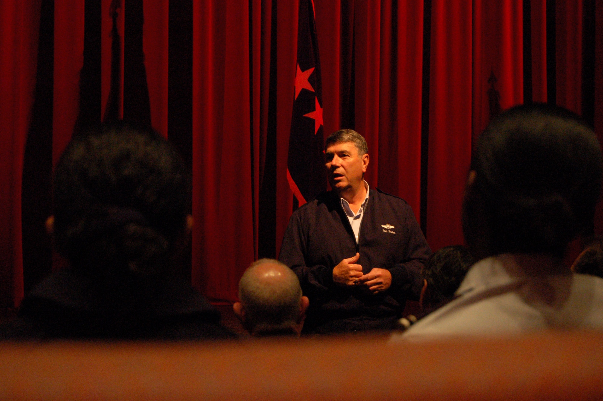 Gen. Paul V. Hester addresses a crowd Dec. 6 at an auditorium on the University of Houston campus. The crowd included members for the university's ROTC detachment, Houston-area junior ROTC detachments and university officials. General Hester is the Pacific Air Forces commander and visited Houston to brief the "Air Force Road Show," a strategic outreach program that is designed to educate the public about the military. ( U.S. Air Force photo/Staff Sgt. Jeremy Larlee) 
