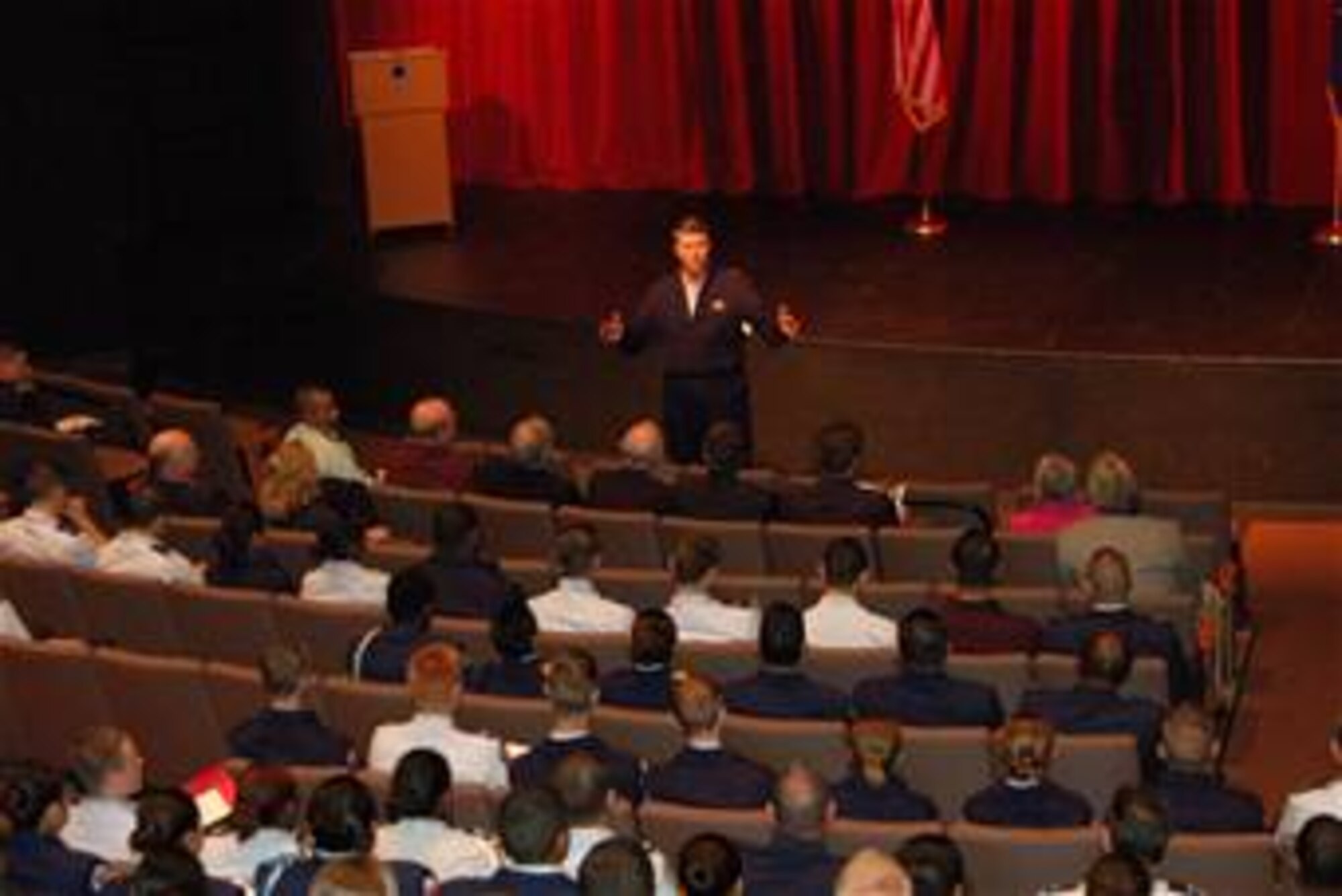 Gen. Paul V. Hester addresses a crowd Dec. 6 at an auditorium on the University of Houston campus. The crowd included members for the university's ROTC detachment, Houston-area junior ROTC detachments and university officials. General Hester is the Pacific Air Forces commander and visited Houston to brief the "Air Force Road Show," a strategic outreach program that is designed to educate the public about the military. ( U.S. Air Force photo/Staff Sgt. Jeremy Larlee) 
