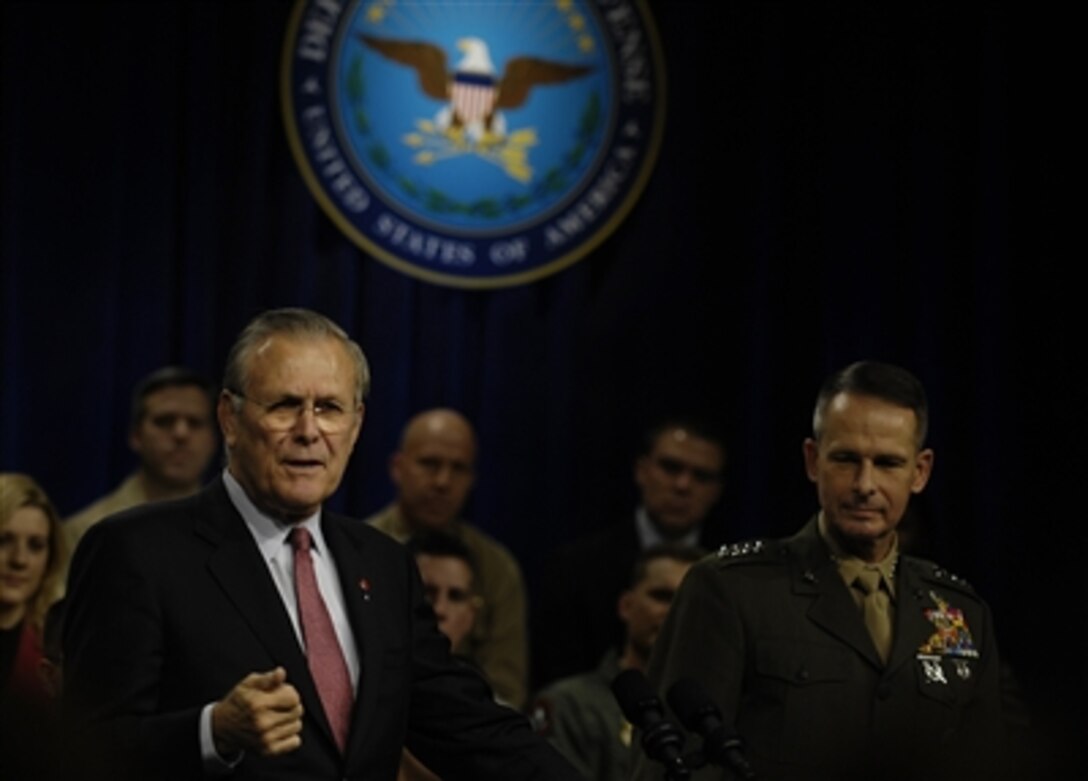Defense Secretary Donald H. Rumsfeld conducts his final town hall meeting at the Pentagon, Dec. 8, 2006. 