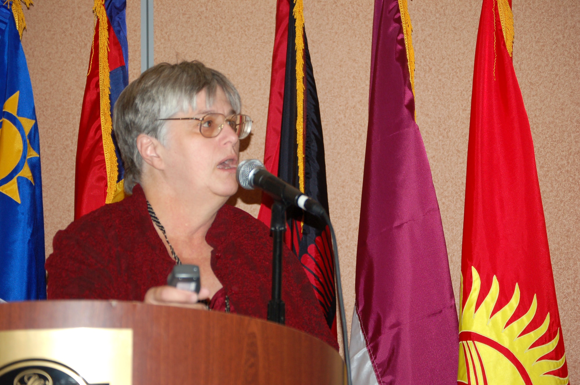 Dr. Judith Delmar, a staff physician with the Air Force's HIV/AIDS program, speaks to participants at the sixth annual HIV/AIDS Strategic Planning and Development course. Doctor Delmar is from the Wilford Hall Medical Center at Lackland Air Force Base, Texas.  (U.S. Air Force photo/Senior Airman Brad Cameron)