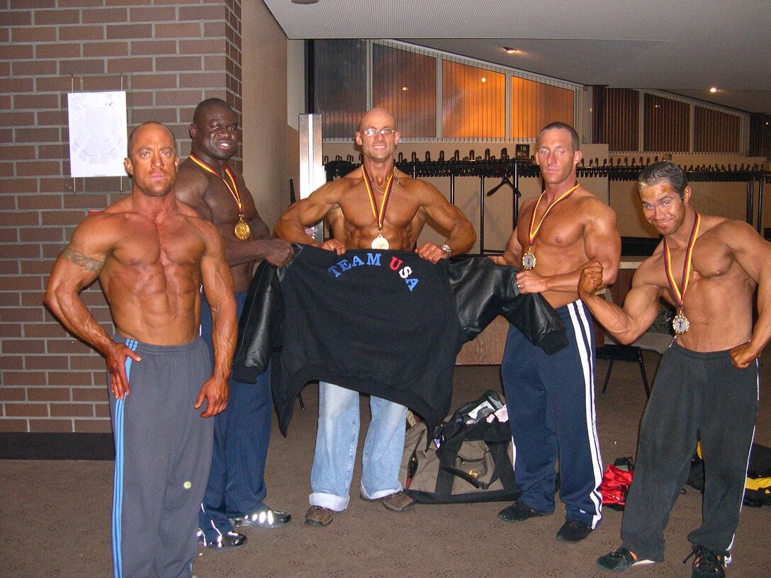 Master Sgt. Troy Saunders (middle) and Senior Airman Justin Usery (far left) are amongst members of the American Team who competed in the Mr. Universe competition. All of the American competitors placed in the top-15 of their classes. Sergeant Saunders and Airman Usery are both assigned to Spangdahlem Air Base. (Courtesy photo)
