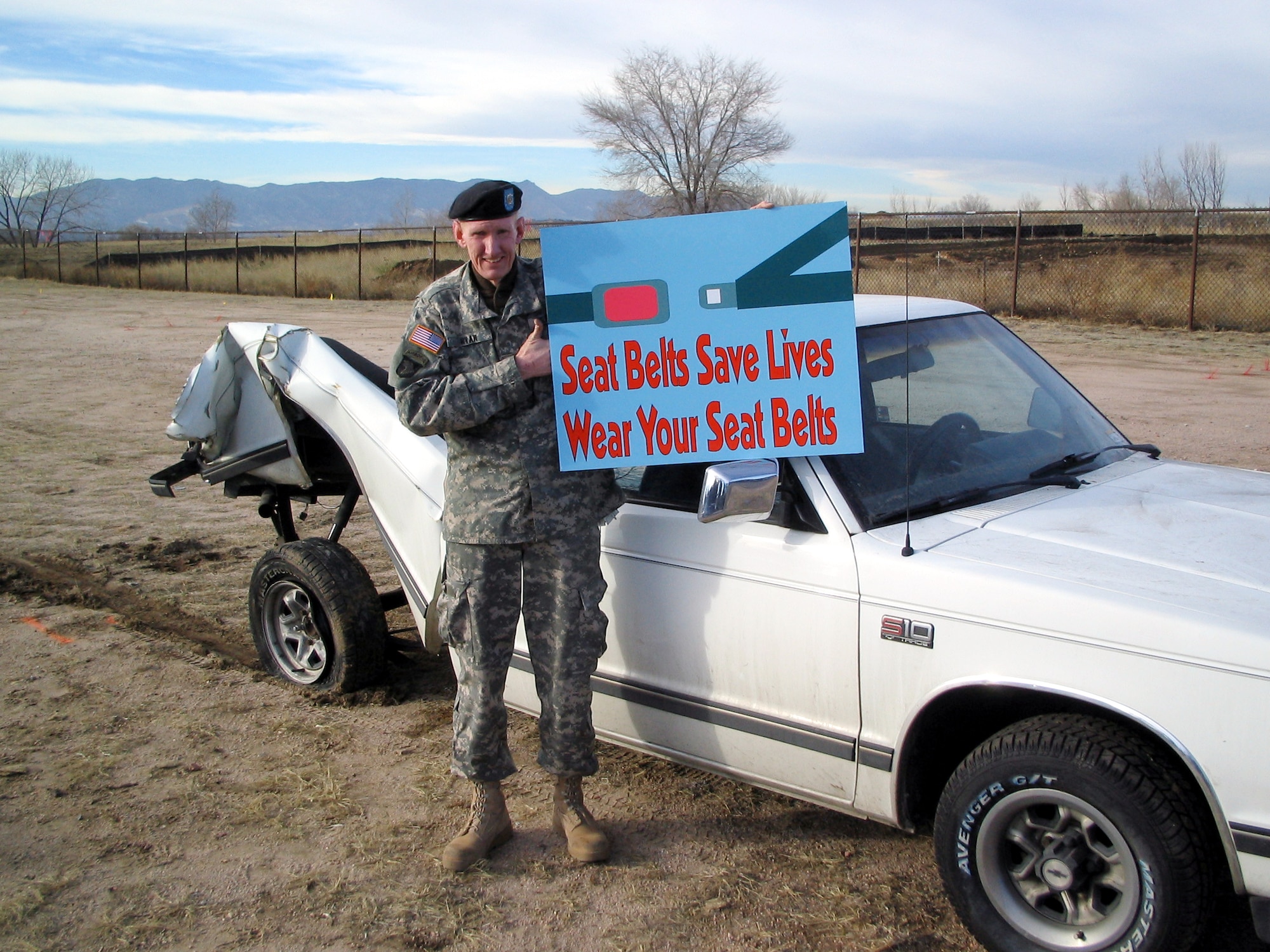 Army Staff Sgt. Daniel Ryan, an intelligence analyst with NORAD/NORTHCOM, credits his seatbelt for saving his life in a Nov. 12 accident on Interstate 70. (U.S. Air Force photo by Lucky Harris)