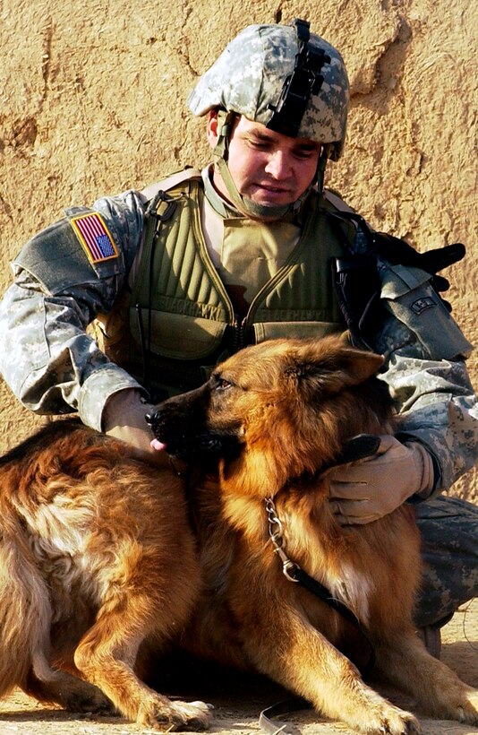 Staff Sgt. Russell McLaughlin takes a moment to scratch the back of his furry companion after the completion of a raid Dec. 8 at Tall Qabb village, Kirkuk Province. Sergeant McLauglin is a K-9 dog handler attached to the Army's 25th Infantry Division. (U.S. Air Force photo/Staff Sgt. Samuel Bendet)    