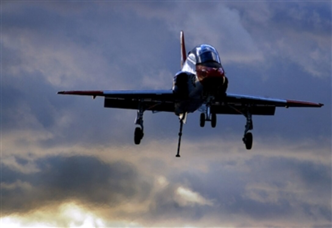 A T-45 Goshawk trainer prepares to make an arrested landing during carrier qualifications aboard the USS Theodore Roosevelt, Dec. 11, 2006.