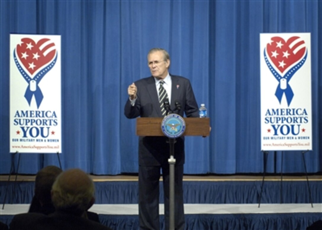 Defense Secretary Donald H. Rumsfeld addresses members of the America Supports You Community Group Annual Summit during their visit to the Pentagon, Dec. 13, 2006.