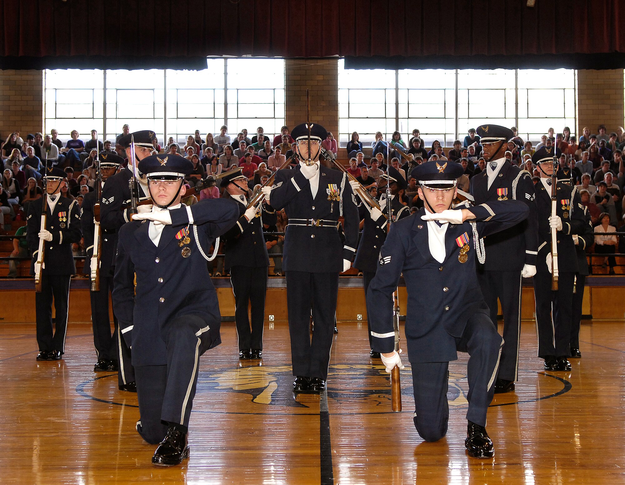The U.S. Air Force Honor Guard Drill Team performed for students Dec. 12 at Mascoutah High School in Mascoutah, Ill. The Drill Team travels stateside and abroad performing drills for public and military audiences to recruit and inspire current and future Airmen. (U.S. Air Force photo/Airman 1st Class Marleah Miller)