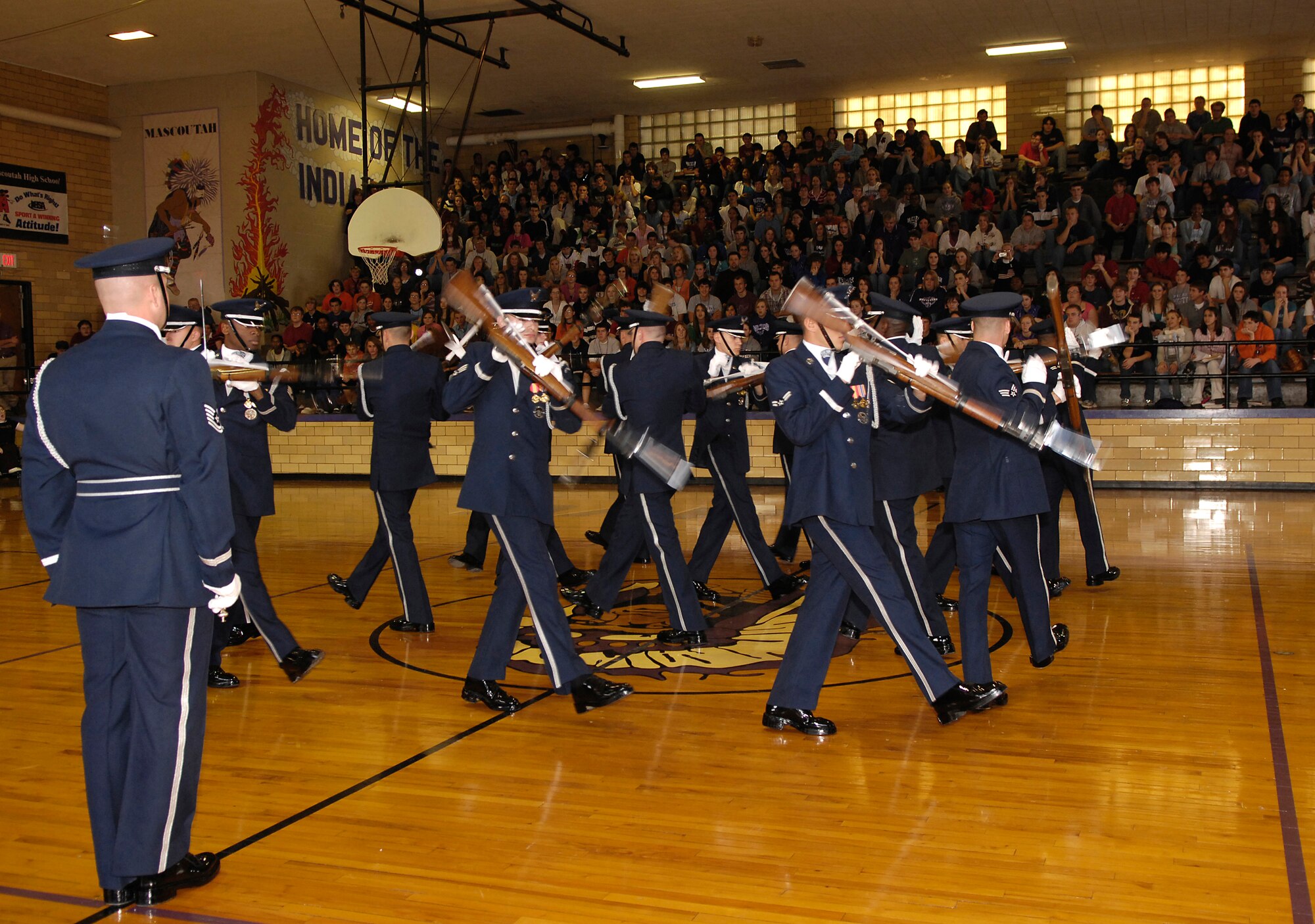 The U.S. Air Force Honor Guard Drill Team performed for students Dec. 12 at Mascoutah High School in Mascoutah, Ill. The Drill Team travels stateside and abroad performing drills for public and military audiences to recruit and inspire current and future Airmen. (U.S. Air Force photo/Airman 1st Class Marleah Miller)