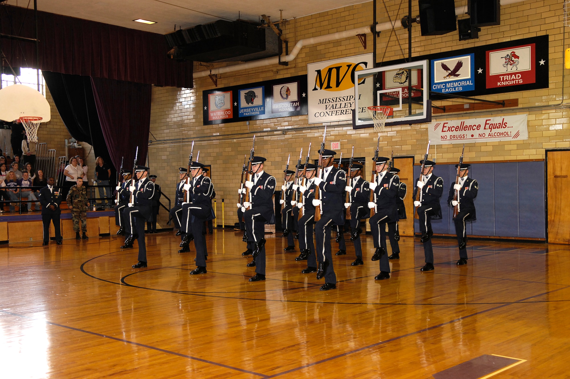 The U.S. Air Force Honor Guard Drill Team performed for students Dec. 12 at Mascoutah High School in Mascoutah, Ill. The Drill Team travels stateside and abroad performing drills for public and military audiences to recruit and inspire current and future Airmen. (U.S. Air Force photo/Airman 1st Class Marleah Miller)