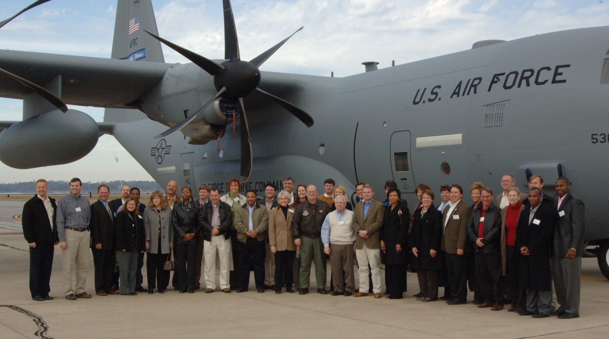 More than 30 civic leaders visited the 403rd Wing as part of a program called Leadership Gulf Coast a Chamber of Commerce program designed to prepare the area's current and potential leaders for the future. The goal is to create a communication network between present and emerging leaders dedicated to the improvement of the Mississippi Gulf Coast by attending a monthly session focused on industry.  The focus of December's program was the military's presence on the coast. While visiting the wing, the group received a briefing about the wing's mission and toured a WC-130J "Hurricane Hunter" aircraft.  (U.S. Air Force Photo by Tech. Sgt. James B. Pritchett)