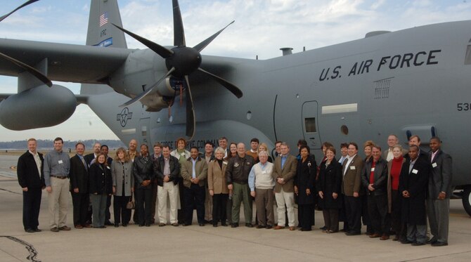 More than 30 civic leaders visited the 403rd Wing as part of a program called Leadership Gulf Coast a Chamber of Commerce program designed to prepare the area's current and potential leaders for the future. The goal is to create a communication network between present and emerging leaders dedicated to the improvement of the Mississippi Gulf Coast by attending a monthly session focused on industry.  The focus of December's program was the military's presence on the coast. While visiting the wing, the group received a briefing about the wing's mission and toured a WC-130J "Hurricane Hunter" aircraft.  (U.S. Air Force Photo by Tech. Sgt. James B. Pritchett)