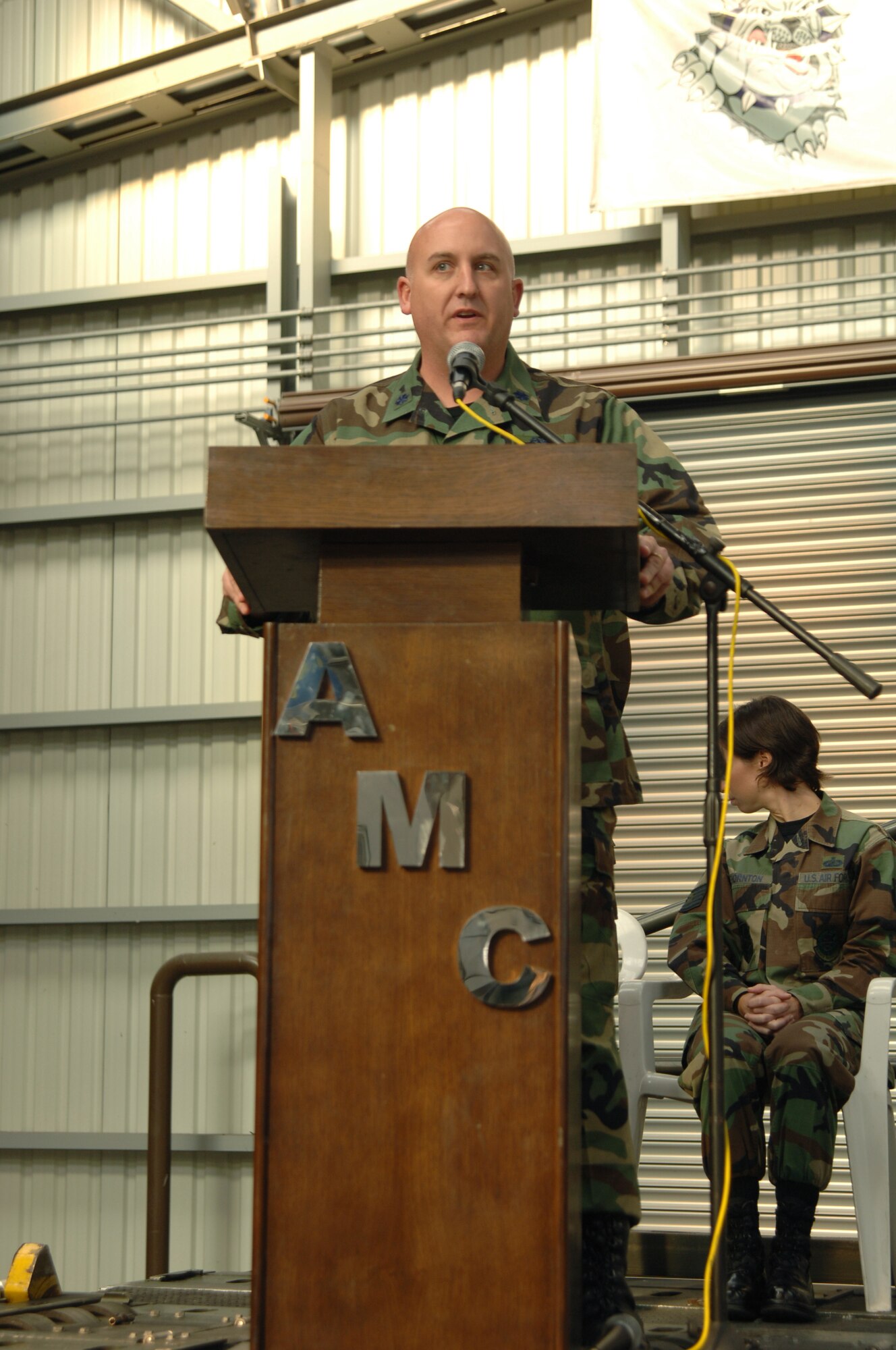 Lt. Col. Joseph F. Angel speaks to Team Incirlik members as he assumes command of the 728th Air Mobility Squadron, during a change of command ceremony, Dec. 13. (U.S. Air Force photo by Airman 1st Class Kelly L. LeGuillon)