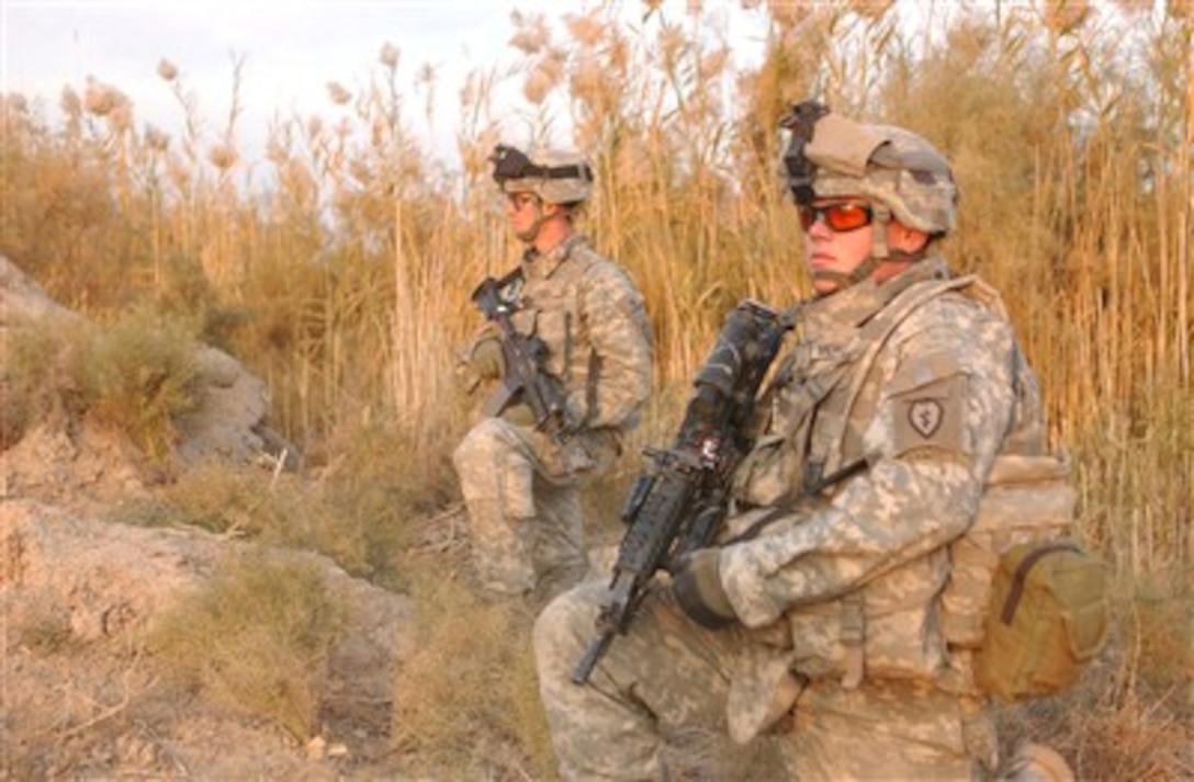 U.S. Army Spcs. Ryne Stubbs and James McManus provide security in a field during a patrol near Bahbahni, Iraq, on Dec. 6, 2006.  Stubbs and McManus are both assigned as paratroopers to Charlie Company, 1st Battalion, 501st Parachute Infantry Regiment.  