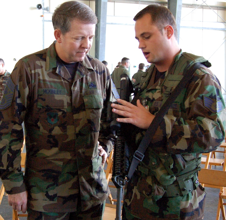 Staff Sgt. Jimmy Badolato (right) explains the operation of his automatic rifle to Chief Master Sgt. of the Air Force Rodney J. McKinley Dec. 14 at Forward Operating Location Curacao, Netherlands Antilles. The chief stopped at the base to receive a mission orientation, talk to Airmen about Air Force issues, and spread some holiday cheer. Sergeant Badolato is a security forces Airman deployed to Curacao from the 305th Security Forces Squadron at McGuire Air Force Base, N.J. (U.S. Air Force photo/Louis A. Arana-Barradas) 
