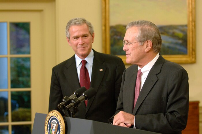 Secretary of Defense Donald Rumsfeld steps down as secretary of defense during a press conference held with President George W. Bush at the White House Nov. 8. (Defense Dept. photo by James Bowman)