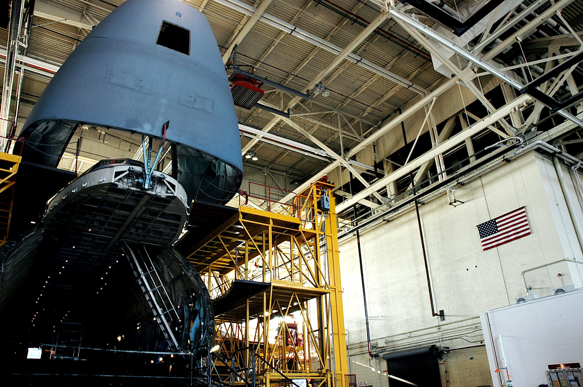 A C-5 Galaxy undergoes inspection in the isochronal inspection hangar at Westover Air Reserve Base, Mass. Air Force officials announced Dec. 13 that Westover ARB will become the new center for in-depth maintenance on all Air Force Reserve C-5 Galaxy aircraft. (U.S. Air Force photo/Senior Airman Michael Lanza)
