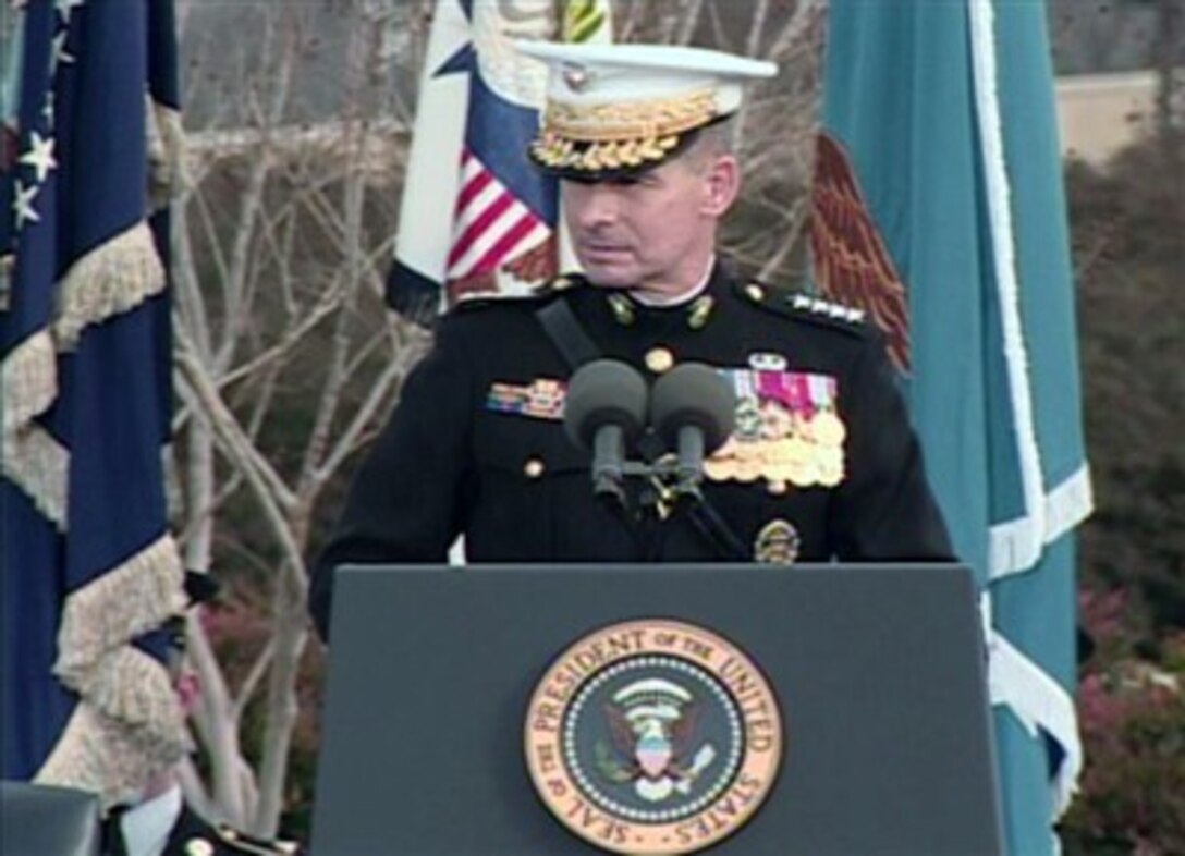 Chairman of the Joint Chiefs of Staff Gen. Peter Pace speaks during the Farewell Parade for Secretary Rumsfeld at the Pentagon, Dec. 15, 2006