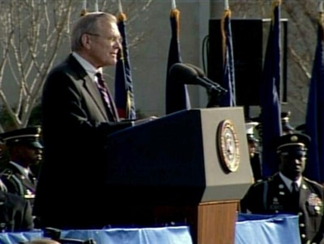 Secretary of Defense Donald H. Rumsfeld speaks during his Farewell Parade at the Pentagon, Dec. 15, 2006