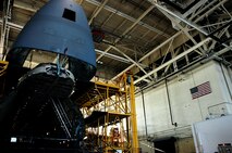 A Westover C-5 is opened for a detailed check-up within the isochronal inspection hangar here. Westover was selected as the center for Reserve ISO inspections during an announcement Dec. 13 in which the Air Force unveiled plans to consolidate its ISO facilities.