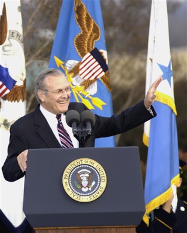Secretary of Defense Donald H. Rumsfeld waves farewell to the audience assembled at the Pentagon for his full honor departure ceremony on Dec. 15, 2006.  The event was attended by an impressive list of dignitaries including President George W. Bush, Vice President Dick Cheney, Chairman of the Joint Chiefs of Staff Gen. Peter Pace, and National Security Advisor Stephen Hadley.  The President praised Rumsfeld’s vision and managerial skill as well as his humanity.  Vice President Cheney called Rumsfeld the finest secretary of defense in the nation's history.  Rumsfeld will be succeeded at the Department of Defense by former CIA director Robert Gates.  