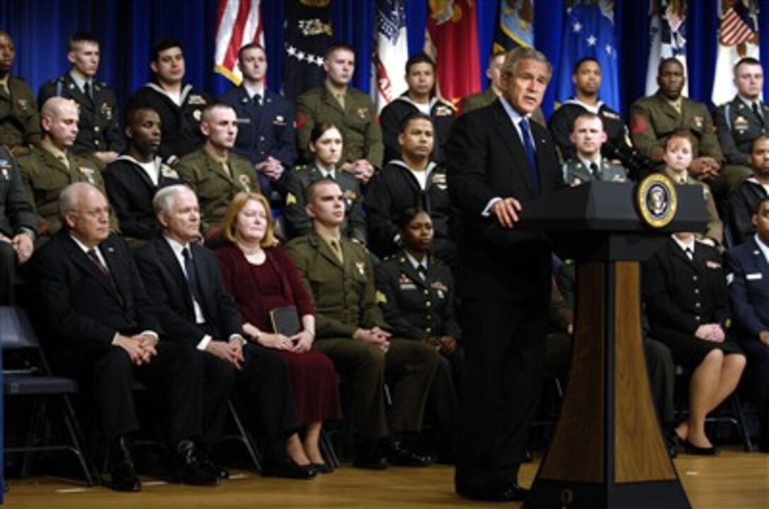 President George W. Bush addresses the audience during the oath of office ceremony for Robert M. Gates as the 22nd secretary of defense during a ceremony in the Pentagon on Dec. 18, 2006.  Vice President Dick Cheney administered the oath and Gates’ wife Becky held the Bible during the ceremony.  