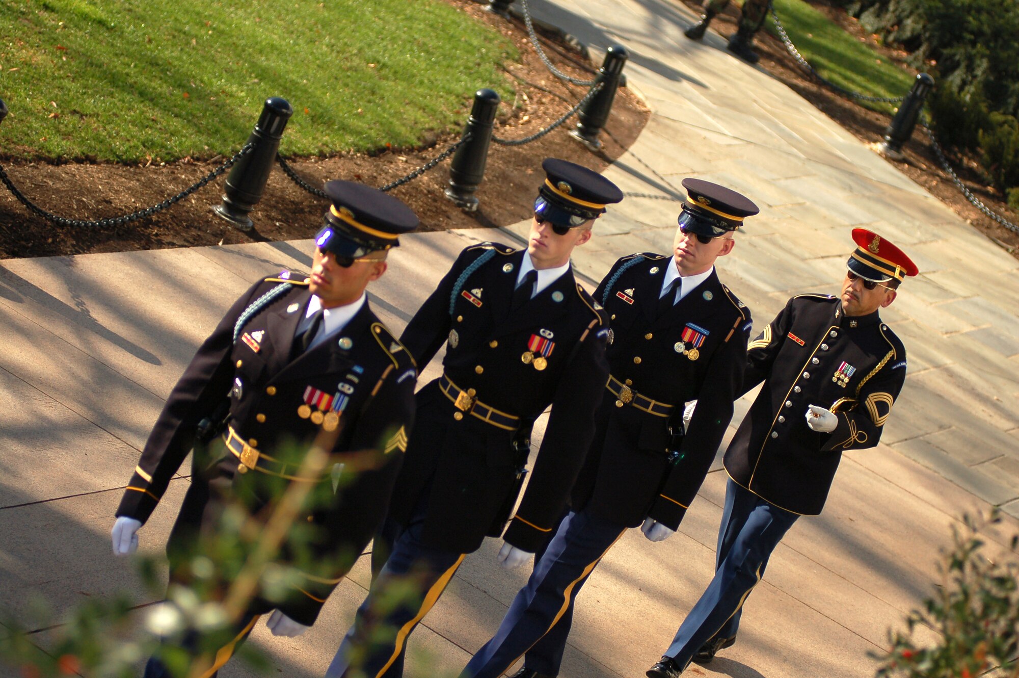 The Army team who laid the wreaths at the Tomb of the Unkown Soldier marches away following a ceremony Dec. 14 at Arlington National Cemetery in Virginia. (U.S. Air Force photo/Senior Airman James Bolinger)

