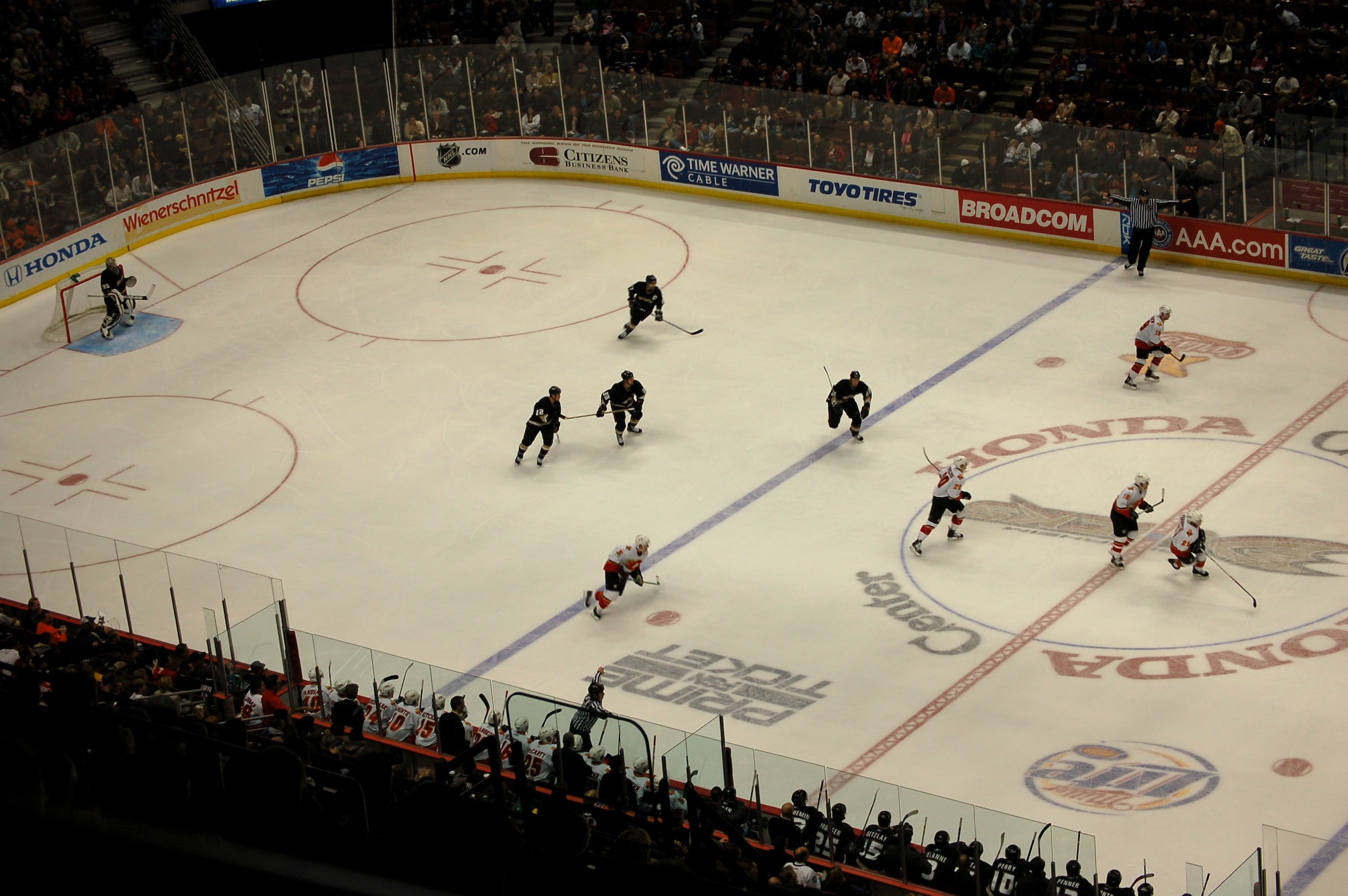 A bird's eye view of the match up between the Anaheim Ducks and Calgary Flames Dec. 18. The game was the final activity of the four-day Snowball Express event. The event was open to all military families who lost someone in the war on terrorism. (U.S. Air Force photo/Staff Sgt. Jeremy Larlee)