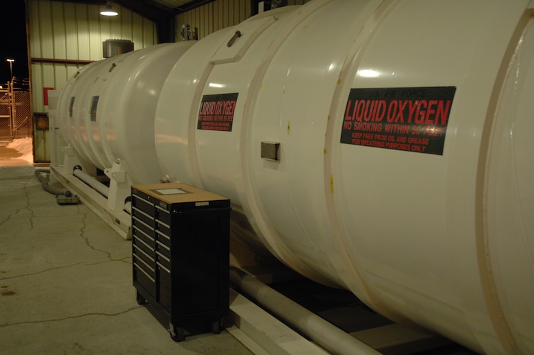 EIELSON AIR FORCE BASE, Alaska -- Tanks of Liquid Nitrogen (LIN) and Liquid Oxygen (LOX) sit in the cryogenics storage facility here on Dec 20. The LOX is used in aircraft as the breathing oxygen for pilots and the LIN is used to fill aircraft tires. Cryogenics is controlled by the 354th Logistics Readiness Squadron.
(U.S. Air Force Photo by Staff Sgt Joshua Strang)